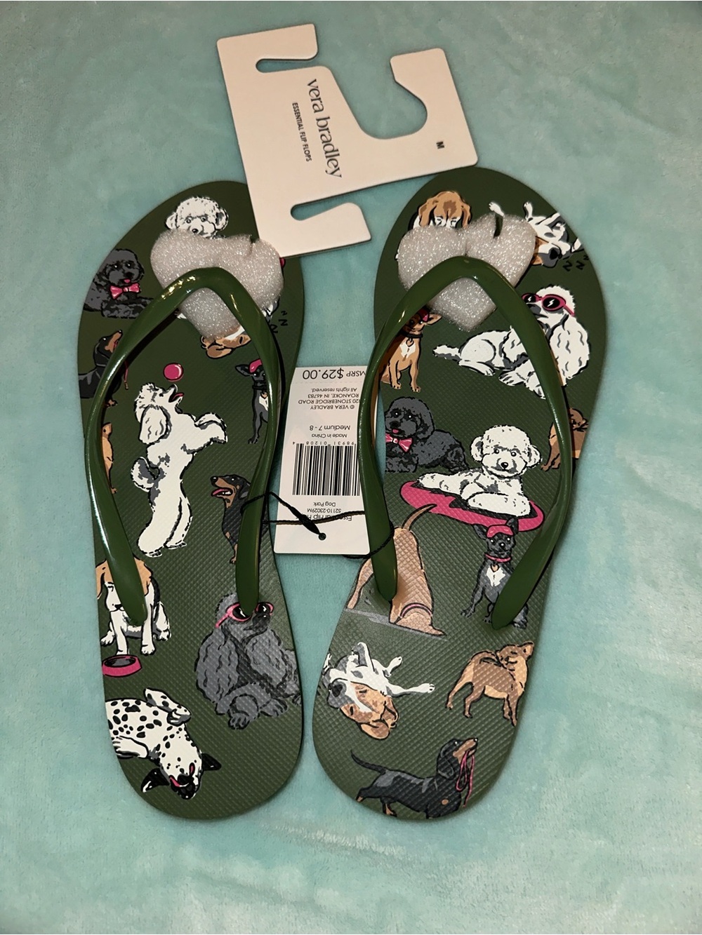 Vera Bradley Olive Green Dog Park Flip Flops-NWT